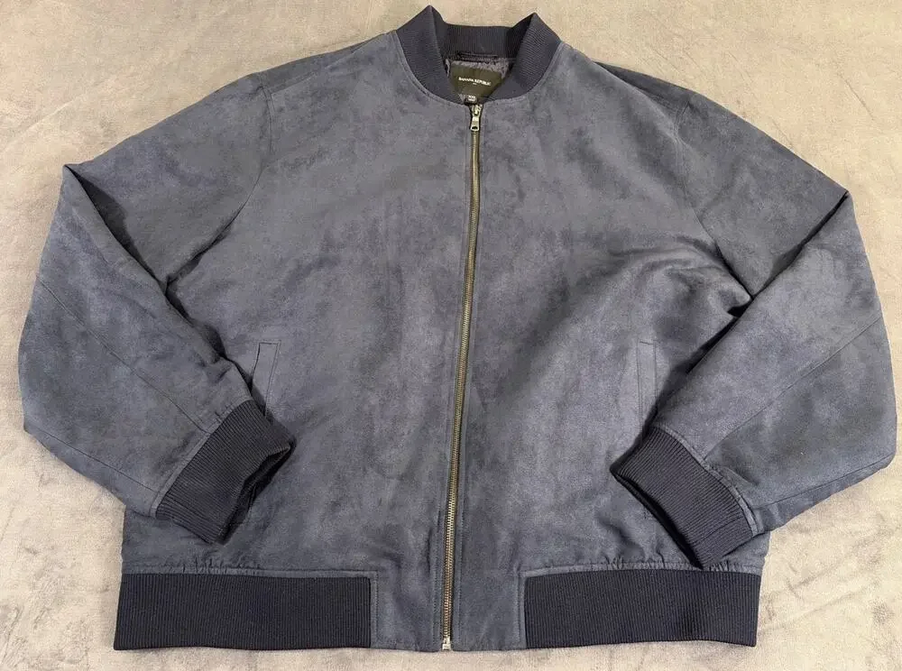 Banana Republic Men's Navy Blue Suede Bomber Jacket Lined Zip Band Collar XXL FS